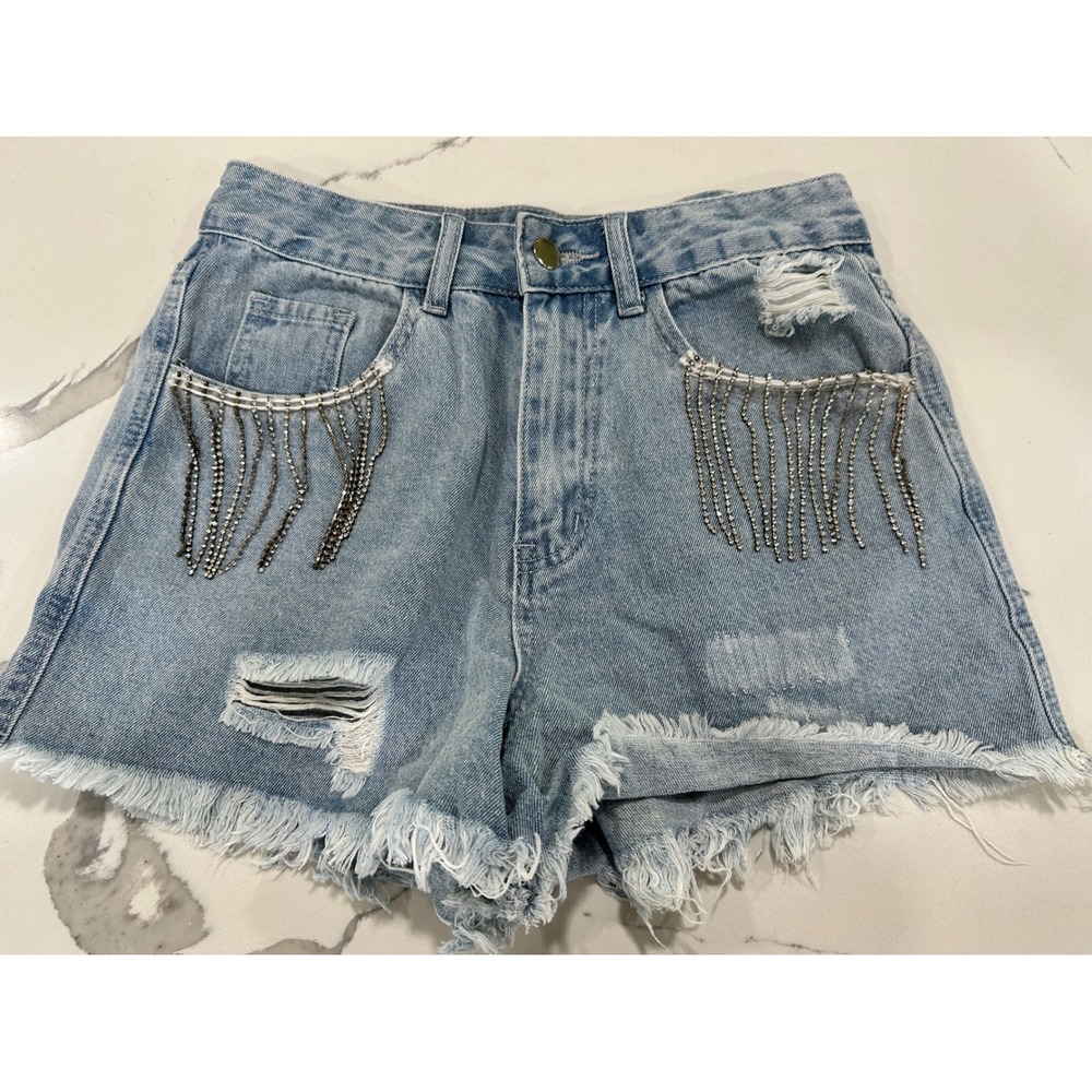 Harper Heritage Distressed Rhinestone Fringe Denim Shorts Light Wash Size 25